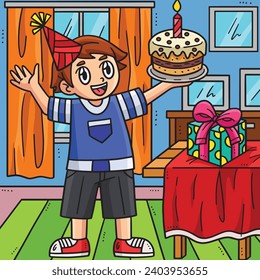 Birthday Boy Holding a Cake Colored Cartoon 