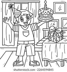 Birthday Boy Holding a Cake Coloring Page for Kids