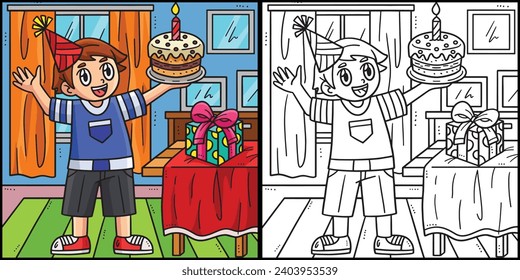 Birthday Boy Holding a Cake Coloring Illustration