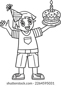 Birthday Boy Holding a Cake Isolated Coloring Page