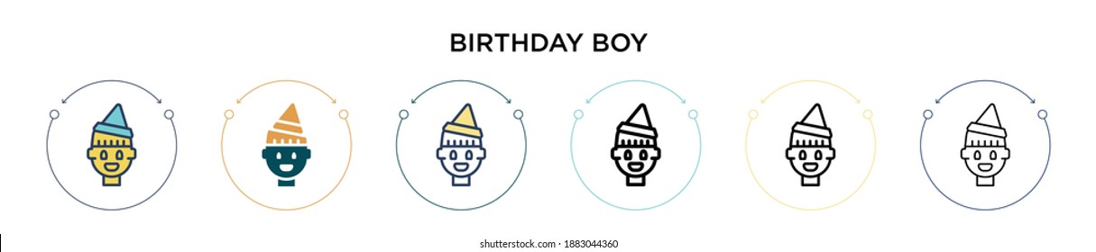 Birthday boy icon in filled, thin line, outline and stroke style. Vector illustration of two colored and black birthday boy vector icons designs can be used for mobile, ui, web