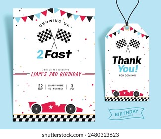 Geburtstagskind Einladungskarte Vektorgrafik Set Design. Einladung und Dankeschön Tag mit Race Car Party Thema Vorlage Kollektion für Kinderspaß Feier. Vektorillustration Geburt Tag Boy Card Vorlage.  
