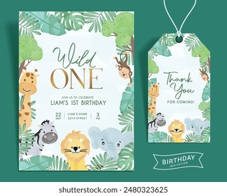 Tarjeta de invitación de cumpleaños niño Plantilla de Vector. Etiquetas de regalo de cumpleaños e invitación en la selva, el bosque y los animales salvajes niños fiesta diseño. Plantilla de tarjeta de nacimiento de Ilustración vectorial. 
