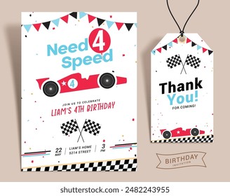 Birthday boy invitation card vector template. Boy birthday invitation and thank you card with race car theme celebration background. Vector illustration greeting template.  
