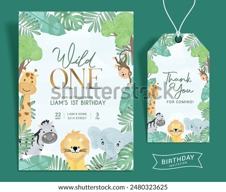 Birthday boy invitation card vector template. Birthday gift tags and invitation in jungle, forest and wild animals kids party theme design. Vector illustration birth day card template. 
