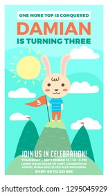 Birthday boy invitation cards set. Cute cartoon rabbit hiker mountain. Beautiful cartoon illustration greeting card message. Hand drawn invitation - Vector eps