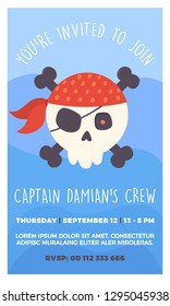 Birthday boy invitation cards set. Cute Jolly Roger Pirate skull cartoon. Beautiful cartoon illustration greeting card message. Hand drawn invitation - Vector eps
