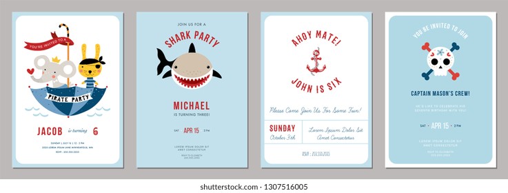 Birthday boy invitation cards set. Vector illustration.