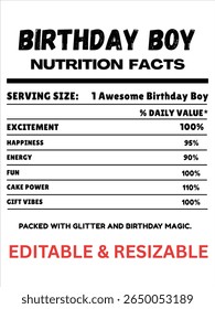 Rótulo de dados nutricionais do menino de aniversário, Informações nutricionais da festa de aniversário, Rótulo do menino de aniversário	