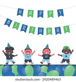 Birthday boys party. Greeting Card template. Invitation template. Cute children dance. Bright Flags Happy Birthday. Diverse Group of little kids have fun. Happy baby boys. Blue Green balloons. Vector