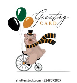 Birthday brawn teddy on a white background cartoon style with circle. . Vector illustration of bear doll with bicycle