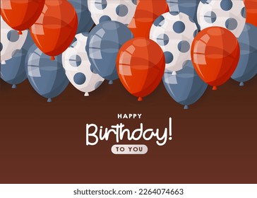 Birthday brown card with shiny balloons, confetti, handwritten lettering. Birthday party, celebration, holiday, event, festive, congratulations. Banner, flyer, postcard, cover template. Cartoon vector