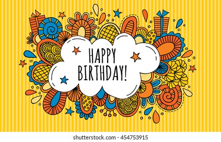 Birthday Bubble Hand Drawn Vector Illustration on yellow background
Bright colored vector illustration with the words happy birthday in a bubble surrounded by presents, stars, shapes and swirls
