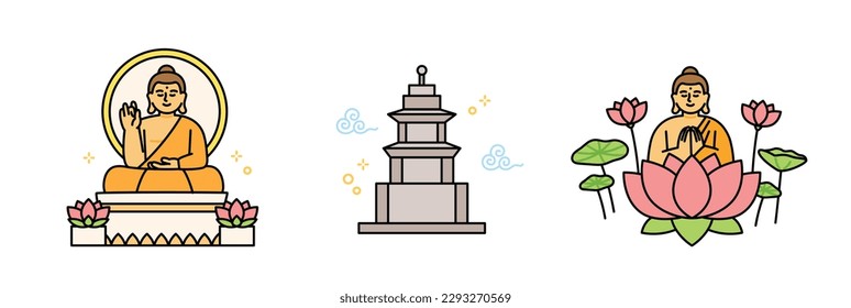 Cumpleaños de Buda. Estatua de Buda, pagoda de piedra, Buda en flor de loto.