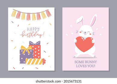 Birthday bunny set of greeting birthday cards. Two cards with cute bunny holding a heart and stack of gifts.