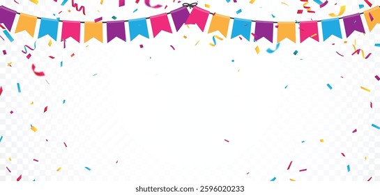 Birthday bunting flags, with colorful confetti, birthday banner and backgrounds