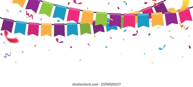 Birthday bunting flags, with colorful confetti, birthday banner and backgrounds