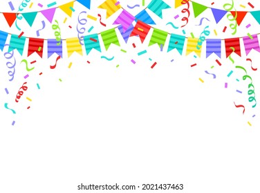 Birthday bunting flags, ribbons and confetti festive background. Cartoon holiday party celebration decorations vector illustration. Birthday party flags for congratulations. Greeting card design