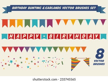 Birthday bunting and garlands brushes set. Eight vector brushes