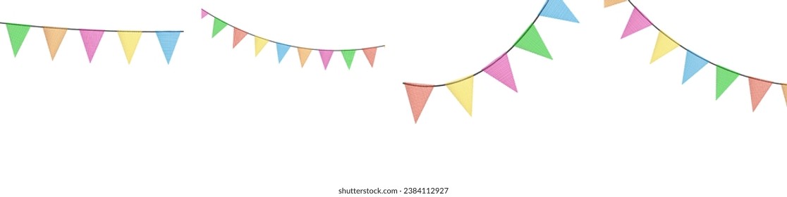 Abundantes de cumpleaños con banderas hechas de tela triturada. Decorativos cantantes multicolores para fiestas y fiestas. Fondo de vacaciones con banderas colgantes. Vector 