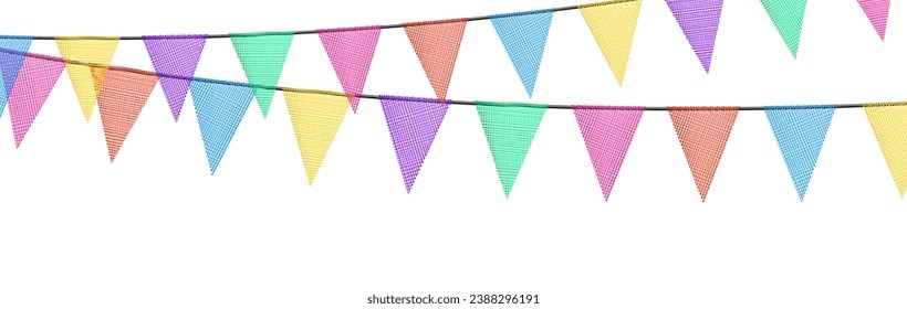 Birthday bunting garlands with flags made of shredded pieces of fabric. Decorative multicolored party pennants for festival, party celebration. Holiday background with hanging flags. Vector 