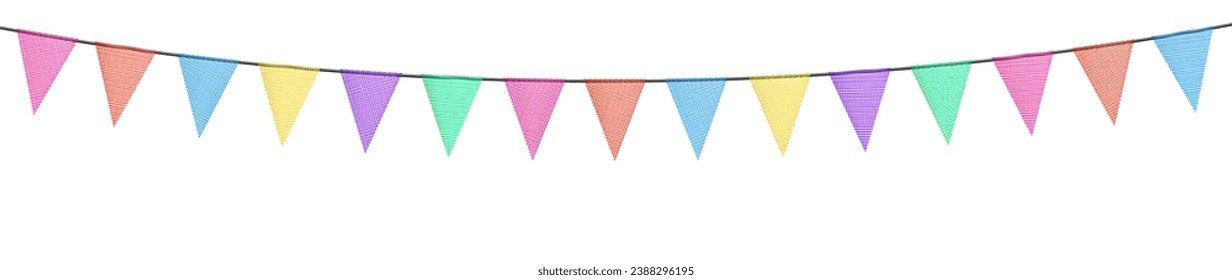 Birthday bunting garlands with flags made of shredded pieces of fabric. Decorative multicolored party pennants for festival, party celebration. Holiday background with hanging flags. Vector 