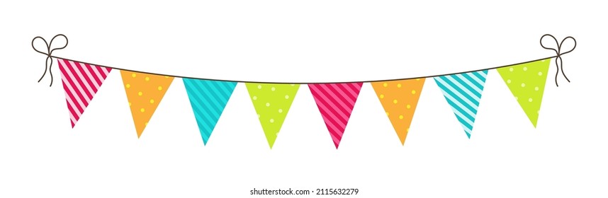 Birthday bunting. Party flags and garland. Fun decoration for celebration. Hanging carnival buntings with rope isolated on white background. Colorful bright flags for anniversary and surprise. Vector.