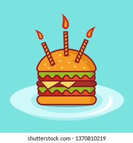Birthday burger with candles, burger vector Illustration on white background simple element illustration, burger greeting card for birthday
