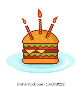 Birthday burger with candles, burger vector Illustration on white background simple element illustration, burger greeting card for birthday