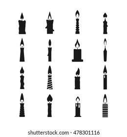 Birthday burning candles black icons isolated on white background. Vector illustration