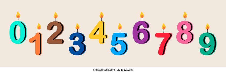 La quema de velas de cumpleaños numera formas con llamas ardientes. Ilustración vectorial colorida
