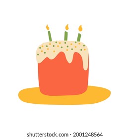 Birthday Cake with 3 candles. Red cake with white icing in doodle style. Flat vector illustration. Perfect for sticker, card, clipart, logo