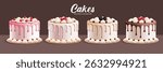Birthday cake 3d elements clipart set. Cake birthday party dessert clip art with cherry and icing toppings in strawberry, chocolate and raspberry flavors collection vector illustration.  
