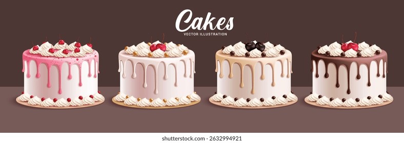 Birthday cake 3d elements clipart set. Cake birthday party dessert clip art with cherry and icing toppings in strawberry, chocolate and raspberry flavors collection vector illustration.  
