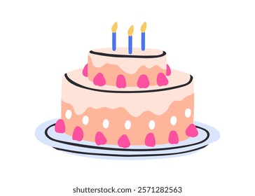 Birthday cake adorned with candles, cream. Sweet festive dessert, holiday party confectionery for bday celebration. Two-tiered confection. Flat vector illustration isolated on white background