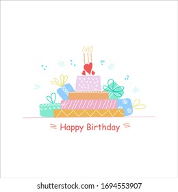 Birthday cake baked flat vector illustrations. Gifts.
