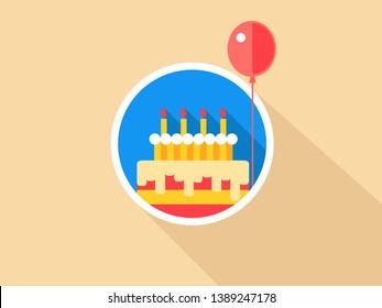 Birthday cake with ballons. Happy Birthday. Vector flat illustration. Icon. Logo.