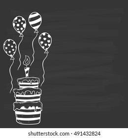 birthday cake with balloon using doodle art or hand drawing style on chalkboard background
