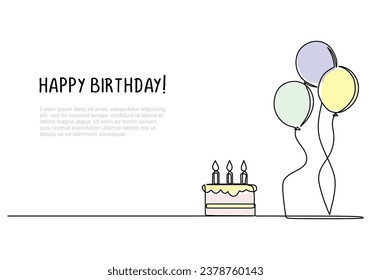 Birthday cake and balloons. Continuous one line art drawing. Happy celebration banner. Vector illustration isolated on white background. Minimalist design handdrawn.