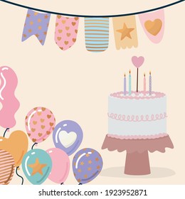 Birthday Cake, Balloons And Festive Garland Vector Illustration Design