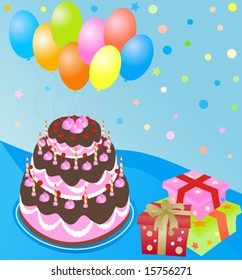 birthday cake, balloons, gift boxes