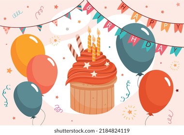 Birthday cake with balloons. Greeting or invitation postcard for holiday. Poster or banner for website. Room decoration, colorful flags and confetti. Festive event. Cartoon flat vector illustration