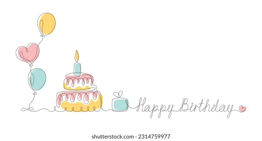 Birthday cake and balloons in one line with color spots on a white background. Lettering Happy birthday. Banner with copy space. Vector stock illustration.