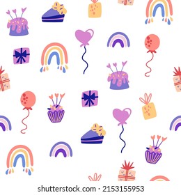 Torta de cumpleaños y globos sin costura. Elementos de fiestas de vacaciones, lón, torta, vela, sombrero. Buena decoración y fiesta para los niños. Excelente para tela, textil. Dibujo vectorial Ilustración