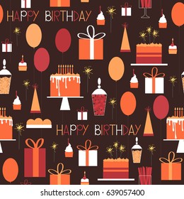 Birthday cake, balloons, sweets, gifts. Vector pattern