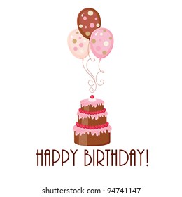 Birthday cake and balloons with text