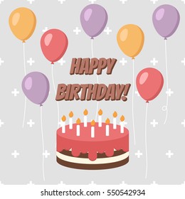 Birthday Cake and Balloons Vector Greeting Card