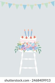 Birthday cake with beautiful blue flowers and garland vector illustration. Card design with blank space.