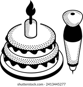 Birthday cake is being Prepared isometric concept, Half Done Pastry with Icing gun Hand drawn vector, Bakery and Baker drawings, food preparation and Kitchen Utensil Sketch Culinary Doodle stock