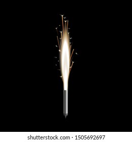 Birthday cake Bengal sparkler burning with bright fire, shining gold yellow sparkles and explosion flare of new year and christmas decoration - vector illustration isolated on black background.